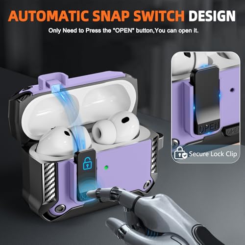 Image of for AirPods Pro 3 Case with Phone Stand,(Automatic Snap Switch Lock) Carbon Fiber Texture Design Cover with Cleaner Kit -Purple