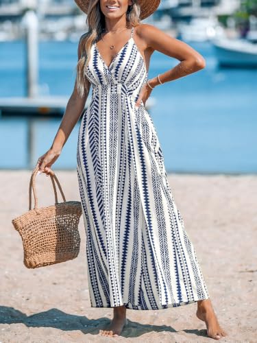 Image of CUPSHE Women Halter Backless Summer Dresses Spaghetti Strap Side Slit Casual Beach Sundress Holiday Vacation Maxi Dress