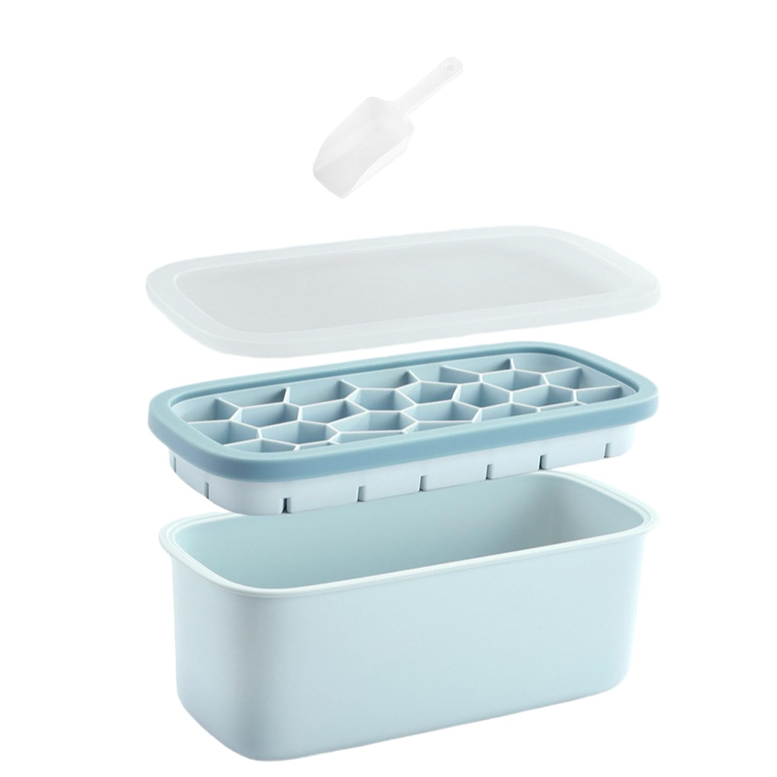 Bandejas grandes para cubitos de hielo con tapa y recipiente, 26 moldes de silicona, apilables, polipropileno y silicona de grado alimenticio, cuchara de hielo gratis para cócteles, café, té