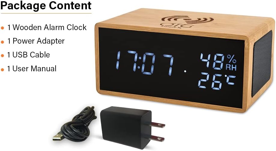 Miniatura 8 de OTGMPIREX Reloj despertador digital de madera personalizado con carga inalámbrica para iPhone relojes despertador 100 atenuador para dormitorios