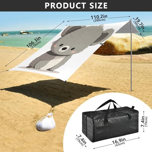 Carpa de playa gris con koalas UPF50 refugio solar infantil con sacos de arena 4
