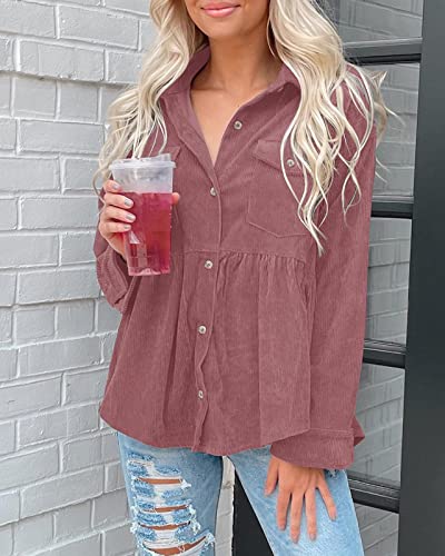 Womens Corduroy Peplum Shacket Jacket Long Sleeve Button Down Babydoll Shirts Oversized Casual Blouses Tops4