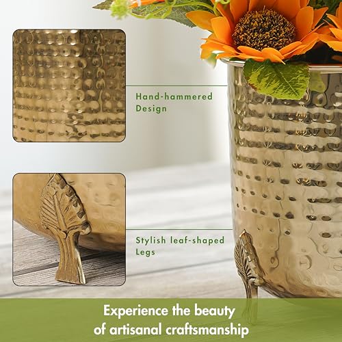 Image of BEHOMA Hammered Gold Metal Planter 7 inch Tabletop Plant Pot | Pot for Indoor Outdoor Balcony Living Room | Table Plant Pot with Leaf Leg for Gifting