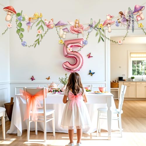 Image of Fairy Party Banner, Fairy First Birthday Party Decorations, Mushroom Flower Banner for Baby Shower Garden First Fairies Tale Theme Girls Birthday Wedding Decor