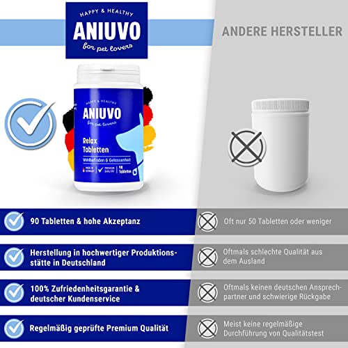 ANIUVO® Relaxtabletten [90 Stück] Natürliches Beruhigungsmittel für Hunde mit Baldrian, Hanfpulver, Taigawurzel & Magnesiumgluconat - Hunde Beruhigungsmittel gegen Stress & Angst - Made in Germany