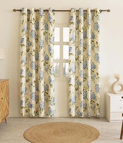 Image of THE LINEN COMPANY Duck Canvas Printed Curtains 5 Feet for Window, Floral Pattern Window Drapes, 5ft Set of 2, Flower Heaven Blue