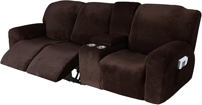 10 Pieces Recliner Sofa Cover with Middle Console Slipcover, Velvet Stretch 3 Seat Reclining Sofa Covers, Thick, Soft, Washable, Armchair SlipcoversBrown