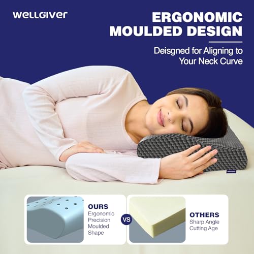Image of WELLGIVER Cooling Gel Memory Foam Cervical Neck Pillow | 2 Years Warranty | Pain Relief Sleep, Improves Posture Spinal Alignment, Neck Pain Relief |19 x 12 x 4 Inch| Black Jacquard Cover | Pack of 1