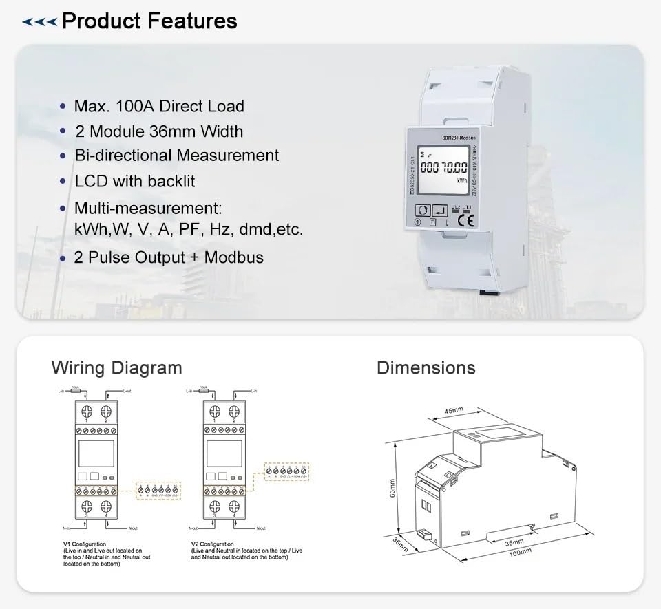 NURII SDM230Modbus, Medidor de energía monofásico de 230 V, Medidor de energía eléctrica Vatímetro de Consumo de energía, NO Medio