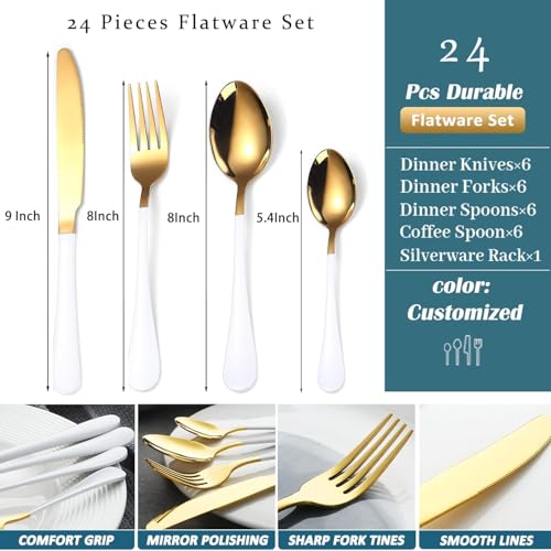 Image of 24 Pieces Flatware Set, Stainless Steel Cutlery Set with Silverware Holder, Modern Gold Silverware Set Includes Dinner Knives Forks Spoons,Hanging Silverware (White)