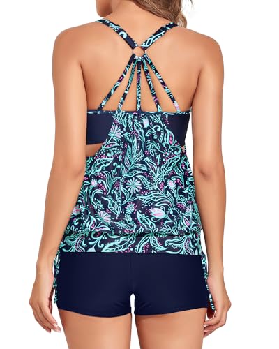 Image of Holipick Blouson Tankini Swimsuits for Women - Two Piece Tummy Control Bathing Suit with Shorts Modest Swimwear