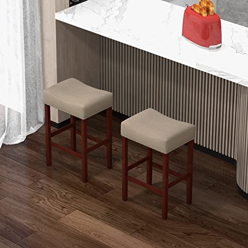 Image of COSTWAY Wooden Saddle Stools Set of 2, 25-inch Backless Counter Chairs with Nailhead Trim, Rubber Wood Frame, Footrest, Max Load 330 Lbs, Upholstered Bar Stools for Kitchen Island, Beige+Brown