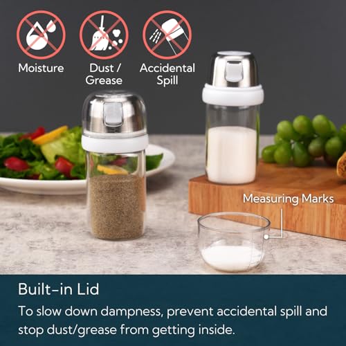 Image of KTCHENDAO 2 in 1 Glass Salt and Pepper Shaker with Side Pour Spout, Built-in Lid for Moisture-proof, Elegant Borosilicate Glass Salt Pepper Dispenser set for Kitchen, BPA Free, 4oz (White)