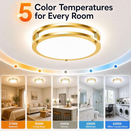 Image of 13Inch 36W Gold Modern Dimmable LED Ceiling Light Fixtures, 1-Pack 3600lm Super Bright Flush Mount Ceiling Lights, 2700K /3000K /4000K /5000K /6500K Adjustable Ceiling Lamps for Bathroom Bedroom Kitchen