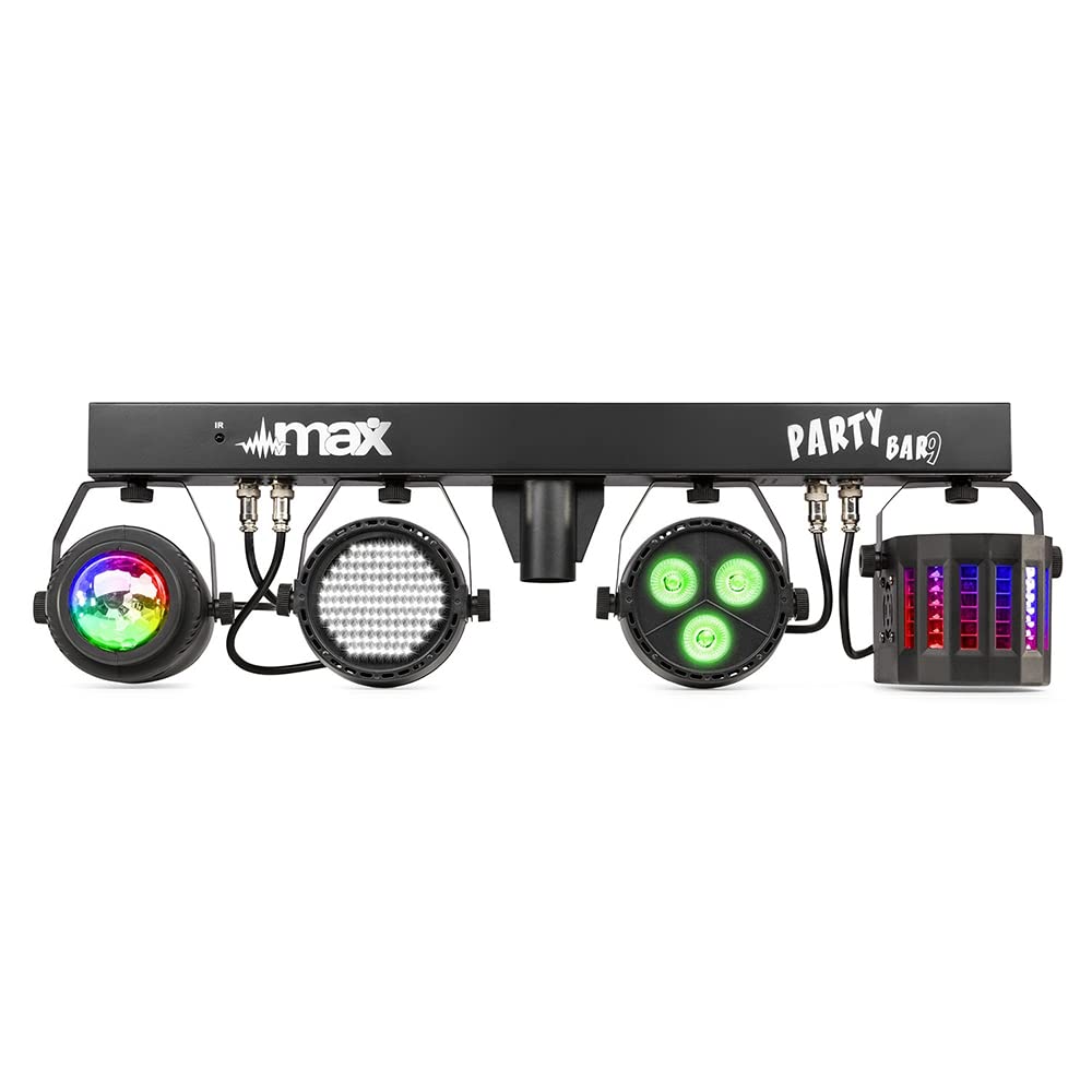 MAX Partybar09: Set di luci LED per feste con barra a T e supporto, 4 effetti di luce, RGBW Color Mixing, DMX 3 o 15 canali, controllo del suono con sensibilità regolabile