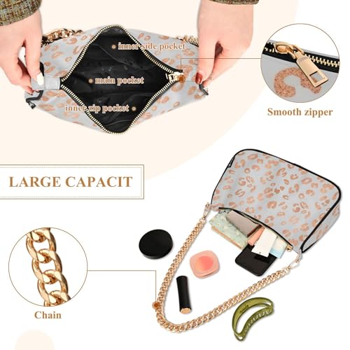 Rose Gold Leopard Spots White Tote Handbag Womens Aesthetic Shoulder Bag Hobo Clutch Purse Zipper Closure Chain Strap4