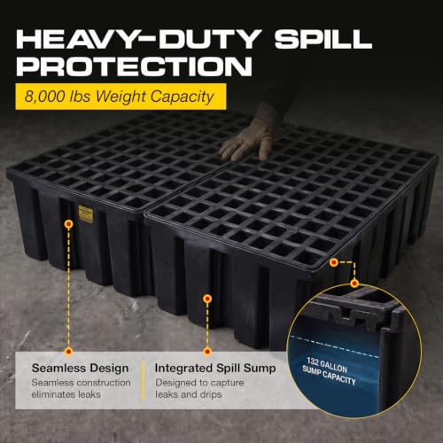 Image of Eagle High Capacity 4 Drum Spill Containment Pallet with Forklift Pockets, 52.5 inchx51 inchx13.75 inch, 132 Gallon Sump, 8,000 lbs. Load Capacity Secondary Containment Pallet, Made in USA, Black, 1640BND