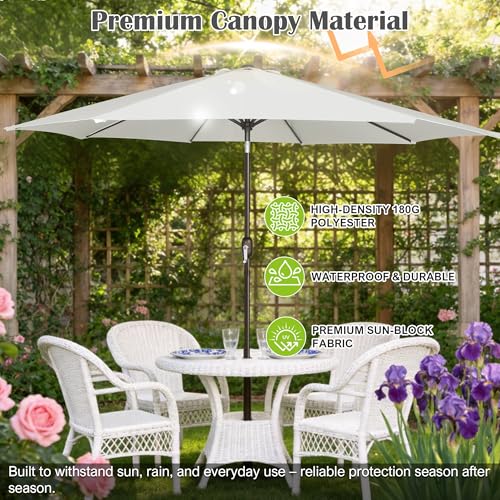 Image of Blissun 10FT Patio Umbrella, Outdoor Table Umbrella, Yard Umbrella, Market Umbrella with 8 Sturdy Ribs, Push Button Tilt and Crank, Cream White
