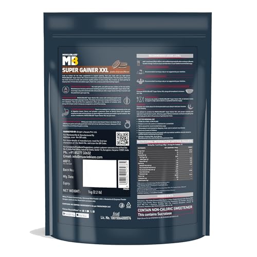 Image of MuscleBlaze Super Gainer XXL (Cookies & Cream, 1kg / 2.2lbs, 10 Servings) | Muscle Mass High Protein Gainer