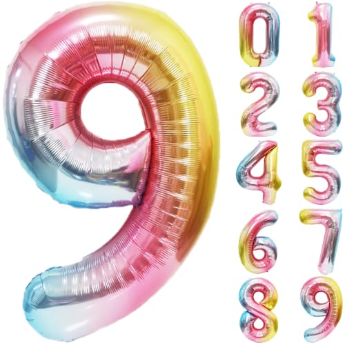 Image of Rainbow Number Balloons Birthday Balloons - Giant Number 9 Balloon 40 inch, Numbers Balloon Birthday Decorations, Rainbow Party Supplies for Baby Shower