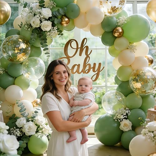 Image of Sage Green Gold Balloons - 50 pcs 12 inch Olive Green Sand White Metallic Gold Confetti Balloons for Birthday Baby Shower Wedding Bridal Shower Party Decorations