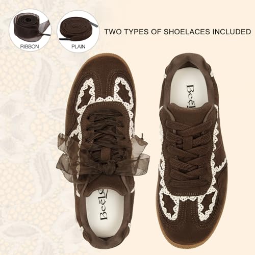 Image of Casual Sneakers for Women Lace Detail Elegant Ribbon Lace-Up Fashion Sneakers with Leather Upper Memory Foam Insole and Trendy Casual Shoes for Women