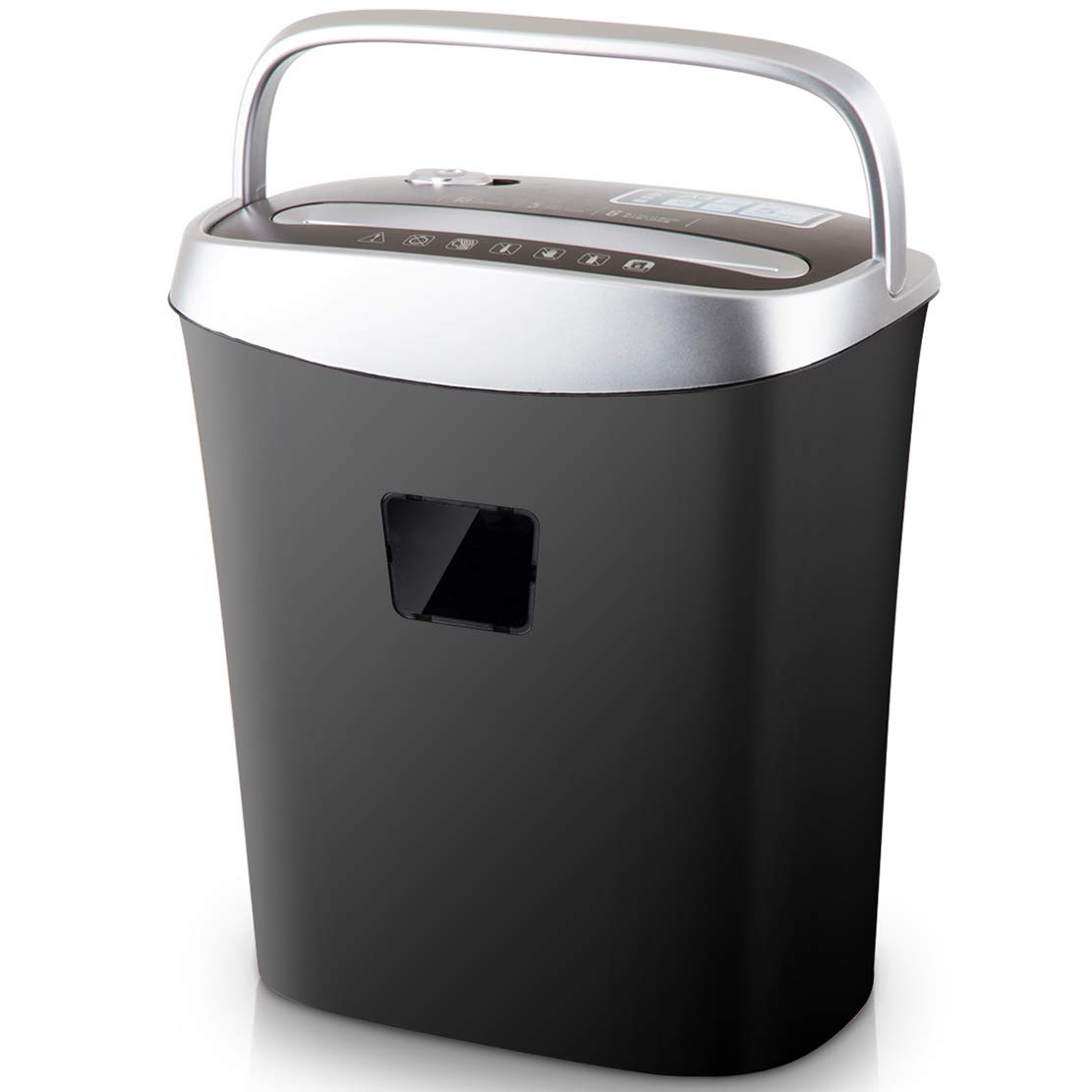 Trituradora silenciosa para papel, tritura 6 hojas a la vez, tiempo de funcionamiento de 10 minutos, tamaño de corte de 5 x 40 mm, cubo de basura de 15 litros de capacidad
