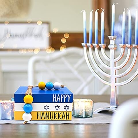 Happy Hanukkah Book Stack with Wood Beads Hanukkah Decorative Wood Books Set Farmhouse Wooden Books Chanukah Tiered Tray Decor Rustic Home Decorations Cover