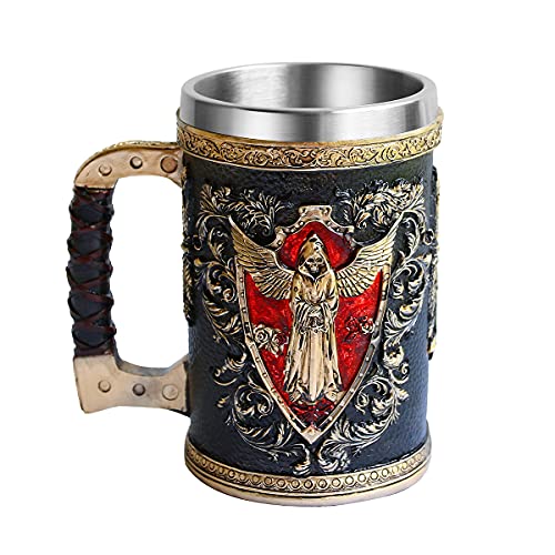 OTARTU Stainless Steel Soul of The Warrior Skull Mug with Baroque Pattern, Grim Reaper Mug, Medieval Drinkware Beer Stein Tankard Coffee Cup 500ML/17oz