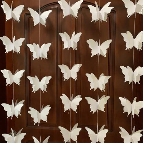 YMASELA Butterfly Curtain Hanging Paper Flower Decorations (8.9ft x4strings) White Butterflies Hanging Paper Garland Party Streamers for Outdoor Decor, Bridal Shower Wedding Birthday Party Supplies