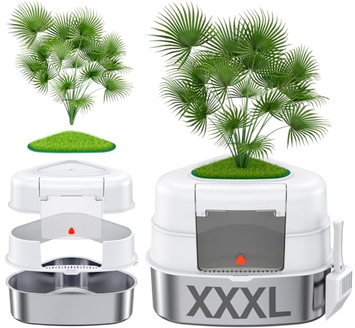 Chumajor XXL Stainless Steel Corner Cat Litter Box with Lid, Enclosed Hidden Plant Litter Box with Artificial Plant, Easy-Clean Covered Decorative Litter Box for Large Cats, White