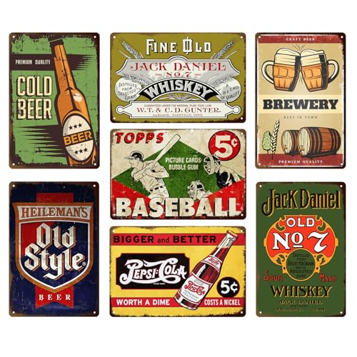 Vintage Beer Signs 7 Pack - Retro Metal Bar Wall Decor for Man Cave Home Garage, 8x12 Inch Tin Signs...
