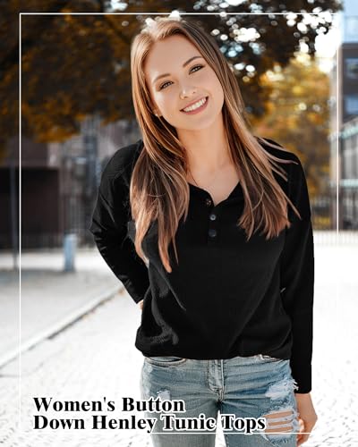 Image of AURUZA Long Sleeve Shirts for Women Henley Shirts Waffle Knit Tops Casual Loose V Neck Tunic Tops Fall Outfits Waffle TShirt