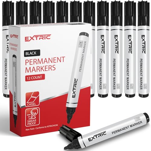 EXTRIC Permanent Markers, Chisel Tip, Black, 12 Count, Quick...