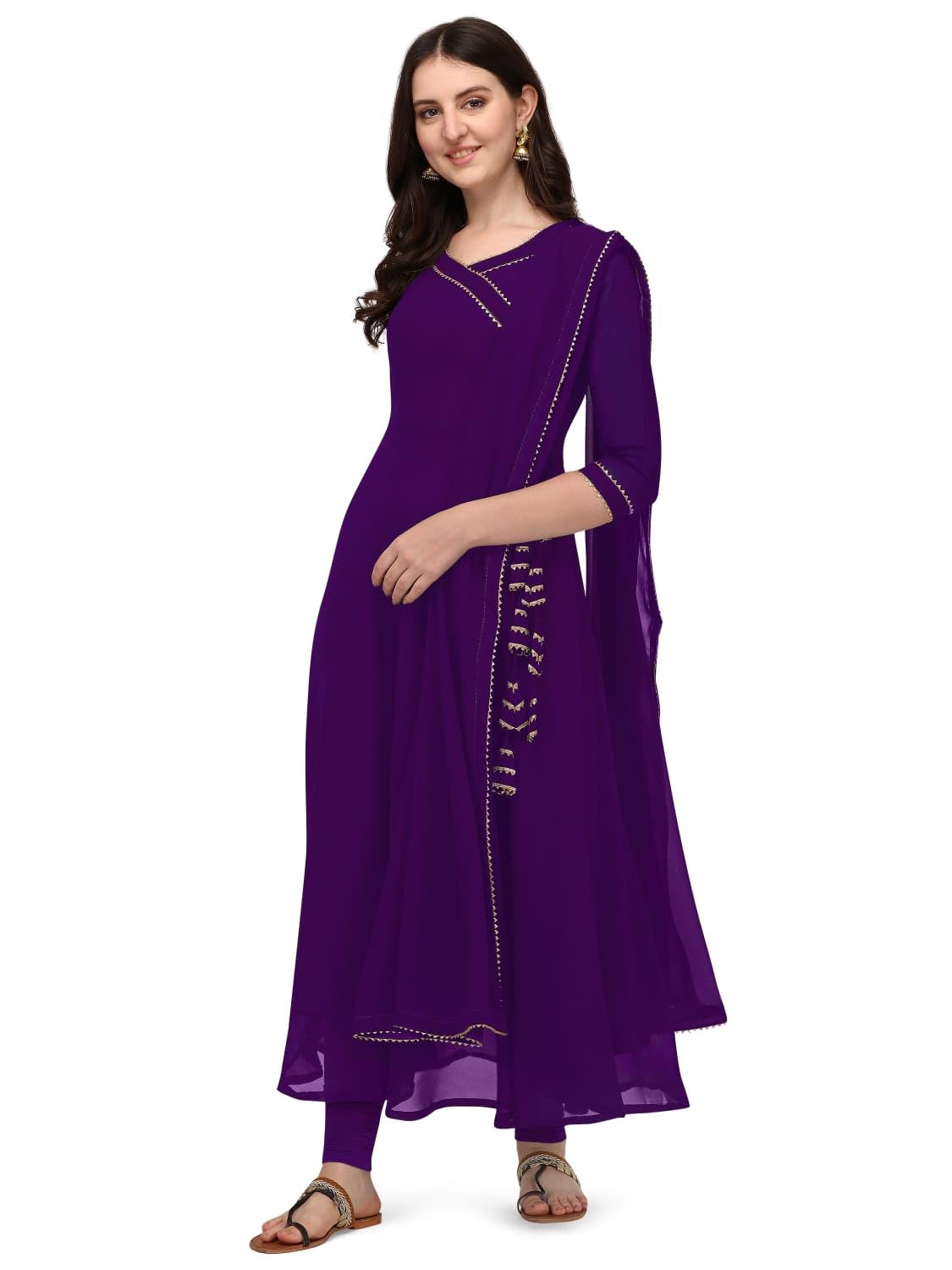 Estationeryhouse Women's Purple Georgette Anarkali Kurta Kurti With Dupatta (Bottoms Not Included) (Xl, )