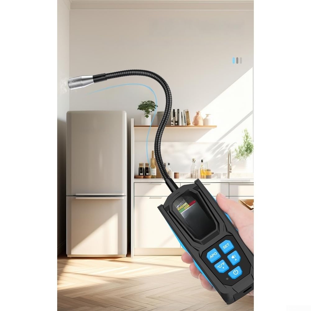 HD02 Lecksuchgerät, digitaler Gasmonitor für R22 R32 R134a mit 14,2 g/Jahr Empfindlichkeit, Dreifach-Alarmsystem, 270 mm flexible Sonde, Celsius/Fahrenheit-Schalter, schnelles Reaktionswerkzeug