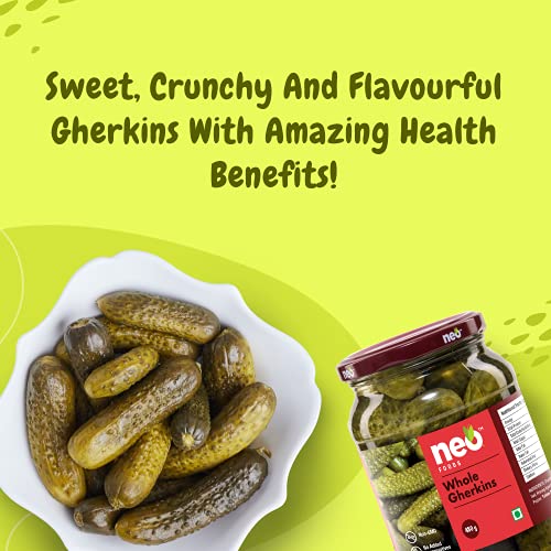 Image of Neo Whole Gherkins 480g I P3 I 100% Plant Based I Low Fat Sweet and Crunchy Pickles, Ready to Eat I Enjoy with Nachos, Make a Healthy Salad at home I (Pack of 3)