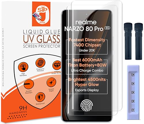 Image of STP FEEL Advanced UV Tempered Glass Screen Protector Guard Compatible For Realme Narzo 80 Pro 5G (6.72 Inch, Pack of 2) Full Adhesive UV Curved Case Friendly HD Clarity with easy installation kit