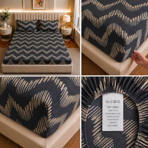 Image of Castiqa Cotton Feels All Over Elastic 400Tc Abstract Fitted Bedsheet Set Perfect Upto 10inch Mattress with 2 Matching Pillow Covers Size-18x28inch (Queen Size 60x78, Grey Zigzag)