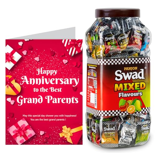 Image of Swad Happy Anniversary Dada Dadi Gift with Card (Swad Mixed Flavours Candy 200 Jar & 1 Greeting card) 2 units