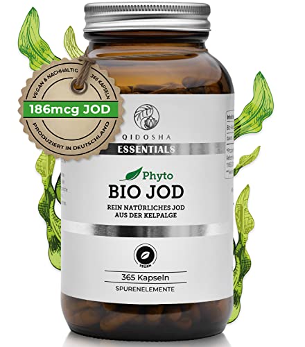 QIDOSHA Jod aus Bio Kelp 365 Kapseln im Apothekerglas pflanzliches Jod aus der Bio Kelp-Alge vegan jede Charge laborgeprueft deutsche Fertigung