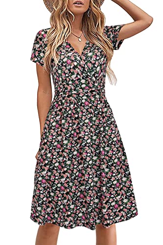 STYLEWORD Robe d'été à Manches Courtes pour Femme Robe d'été à col en V Floral Wrap Taille Robe décontractée avec Poches(Floral22,L)
