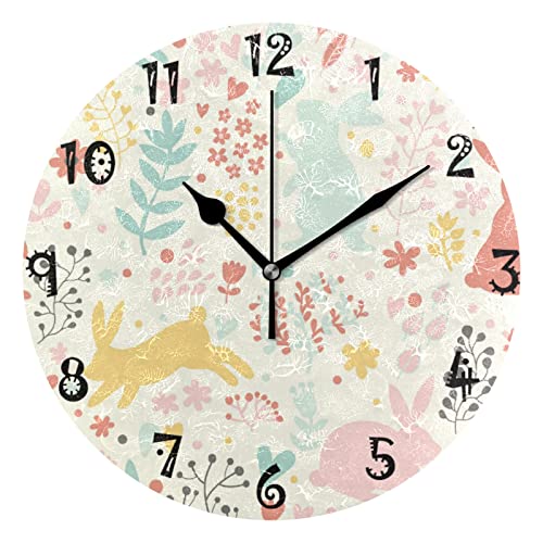 LDIYEU Lapin Herbe Plante Floral Bébé Pendule Murale Décoratif Moderne Horloge de Mur Circulaire Silencieuse horloges pour Enfant Garçons Le Bureau à Domicile Salon Cuisine Chambre école Décor Cover