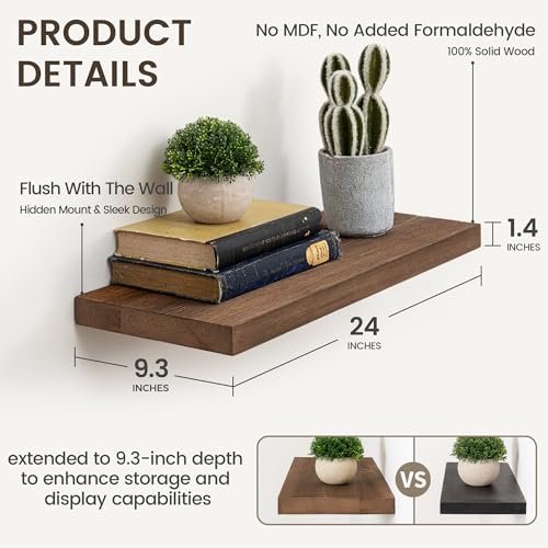 Image of Marsmiles Floating Shelves | 24 Inch Dark Wood Wall Shelves Set of 2 | 9.3 Inch Deep Rustic Reclaimed Wood Shelves for Room Wall | Farmhouse Floating Shelves for Living Room Bathroom