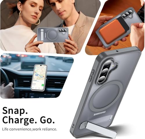 Image of Elzzi MagSafe Compatible Case for Samsung A57 Translucent Matte Bottom Kickstand Shockproof Slim Anti-Fingerprint Magnetic Hybrid Protective Cover (Grey)