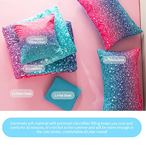 Rynghipy 6Pcs 3D Glitter Comforter Bedding Sets For Kids Teens Girls Women, Turquoise Blue Pink Rainbow Quilt Set Queen Size, Ultra Soft Reversible Bed In A Bag #TOP3