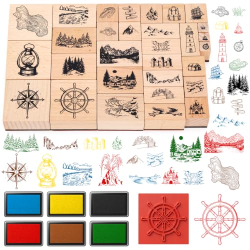 Marspark 30 Pcs Map Stamps Mountain Tree Wooden Rubber Stamp with 6 Colors Ink Pads Set Vintage Compass Outdoor Scenery Stamps for Journaling Card Making DIY Scrapbooking Supplies Crafting