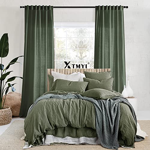 Image of XTMYI 68 Inch Curtains 2 Panel Set,Linen Boho Semi Sheer Curtains for Bedroom Living Room,40x68 in Long,Olive Green