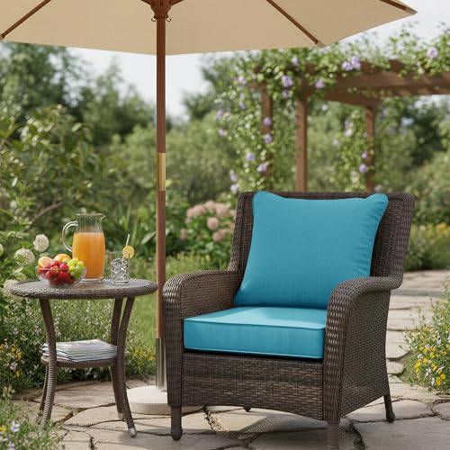 Image of Summsun Faux Linen Outdoor Chair Cushions, Water Resistant Backrest and Deep Seat Cushion Set with Removable Cover, Straps, Non-Slip Bottom for Patio Furniture, 22 x 22 Inch, Teal
