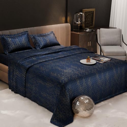 Image of Stoa Paris 300TC UltraSatin Printed Double Bedsheet with 2 Pillow Covers, Gentle on Skin & Hair, Wrinkle & Fade Resistant, Aesthetic Home Decor, Gift for Couple, Starlit Night - Navy (228cm x 254cm)
